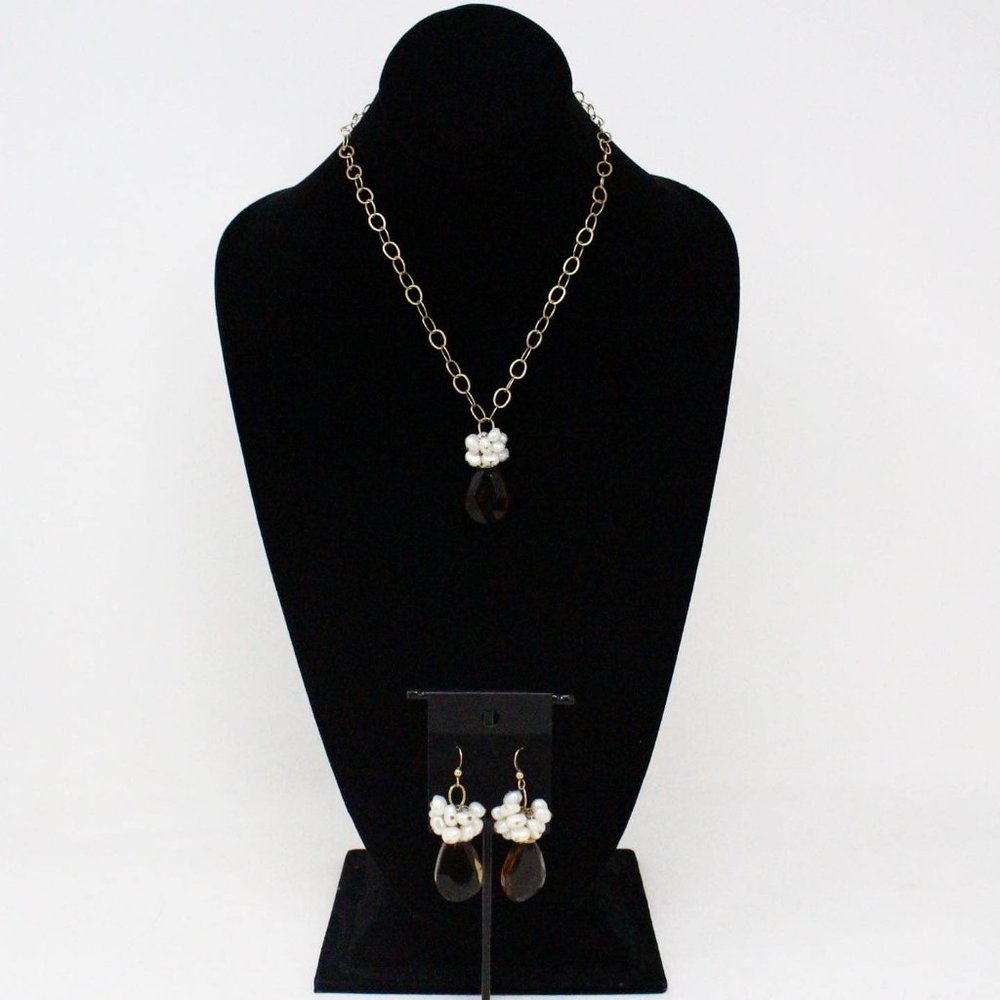 #36323 Citrine Gold Tone Chain with Genuine Pearl Jewelry Set